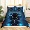A dark blue duvet cover set featuring a repeating pattern of glowing blue hexagonal footballs on a dark background.
