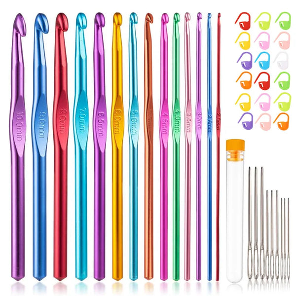 A collection of ergonomic aluminum crochet hooks in various colors and sizes displayed vertically.