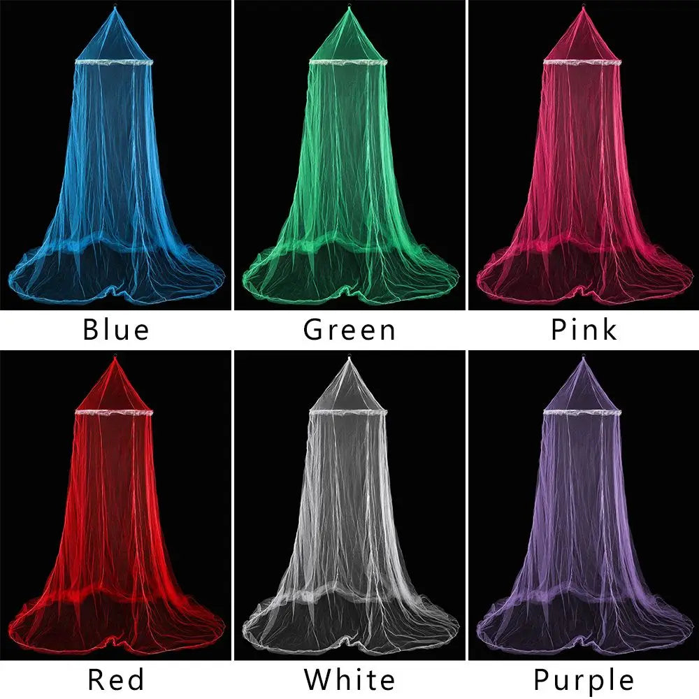 A grid showing various colored lace dome mosquito nets, including blue, green, pink, red, white, and purple.