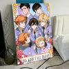 A poster featuring five male characters in school uniforms with pink and purple accents, titled Kiss Kiss Fall In Love.