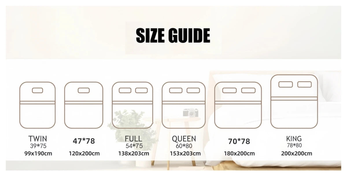 Size guide showing dimensions for twin, full, queen, and king sized satin bedding sets.