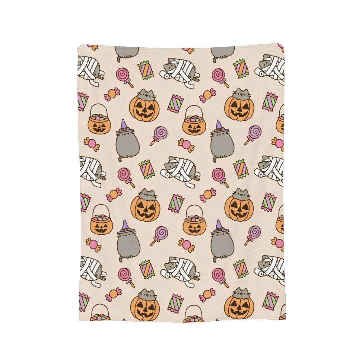 A repeating pattern of cute Halloween-themed plush cats and pumpkins on a light beige background.