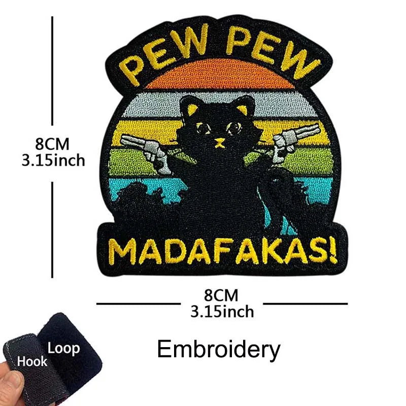 Black embroidered patch featuring a cat face and text that reads PEW PEW and MADAFAKAS