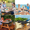 A collection of outdoor dining scenes featuring a waterproof rectangle tablecloth on folding tables.