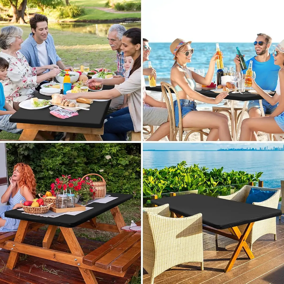 A collection of outdoor dining scenes featuring a waterproof rectangle tablecloth on folding tables.