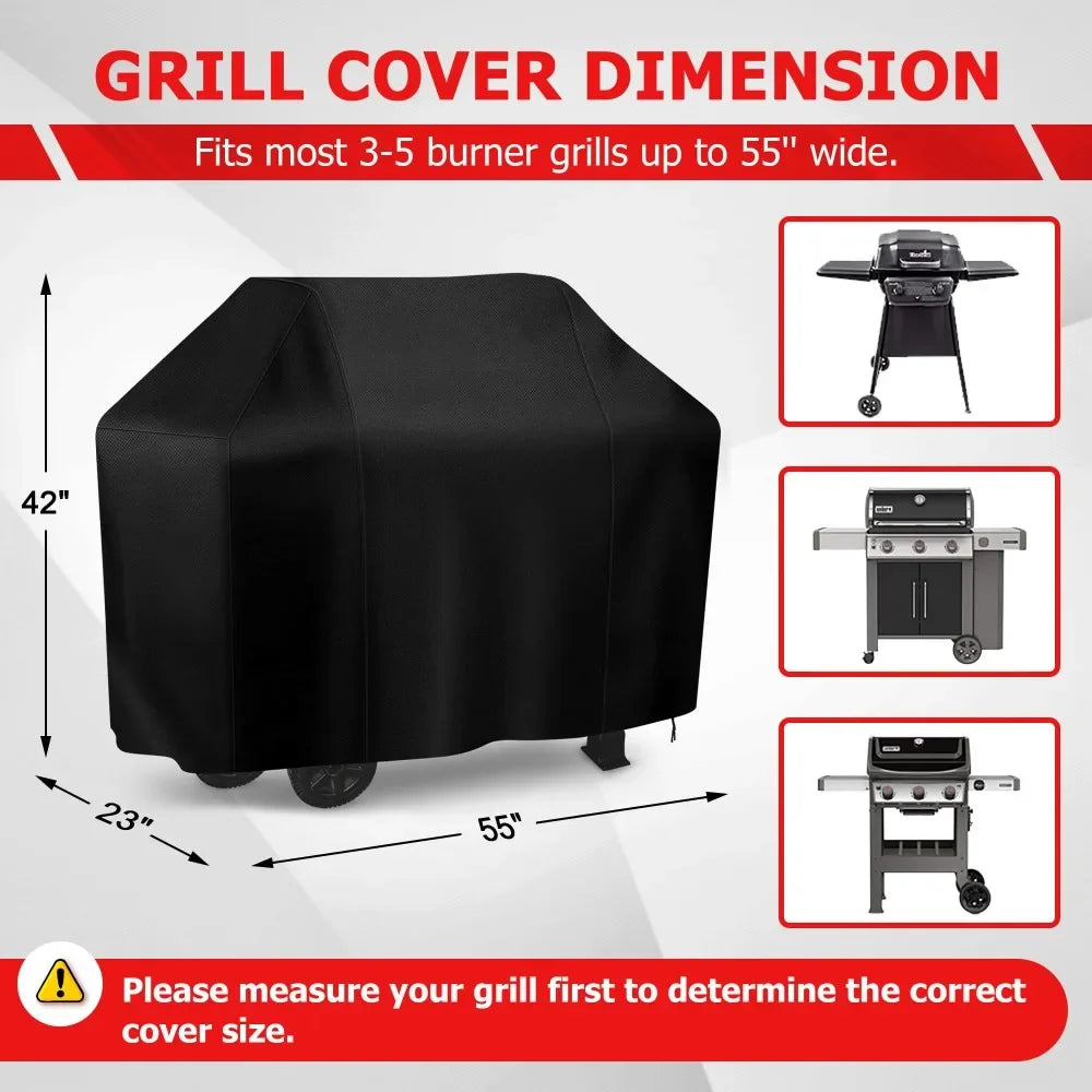 Black grill cover dimensions showing fit for 3-5 burner grills up to 55 inches wide