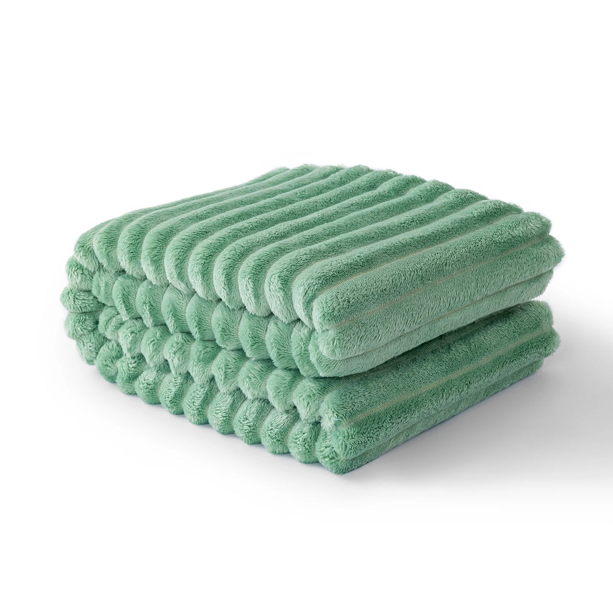 A stack of teal striped flannel throw blankets folded neatly on a white surface.