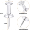 A clear plastic push pin with a silver steel tip shown in various views and dimensions.
