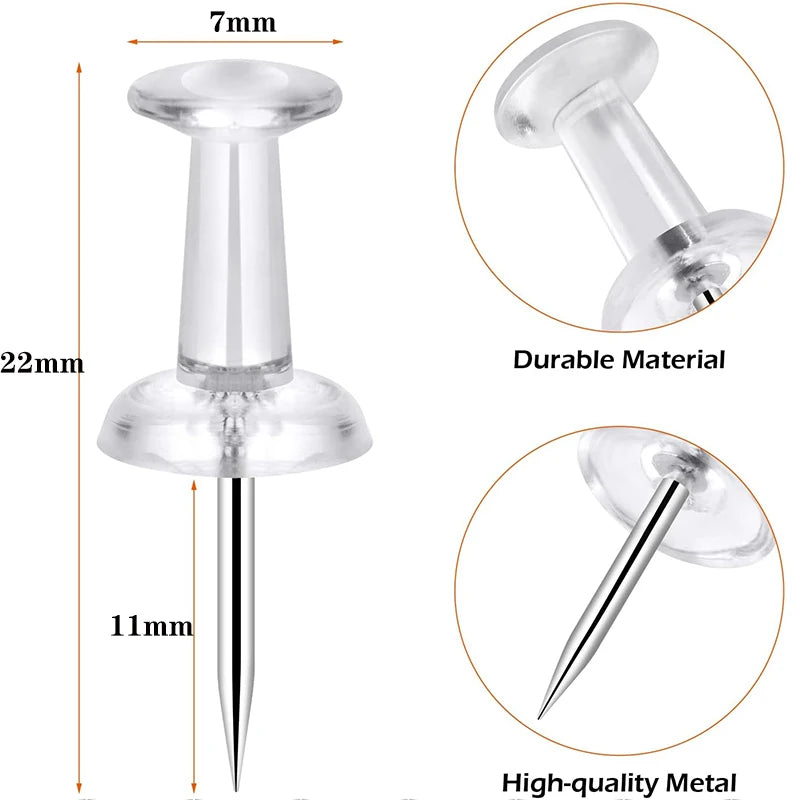 A clear plastic push pin with a silver steel tip shown in various views and dimensions.