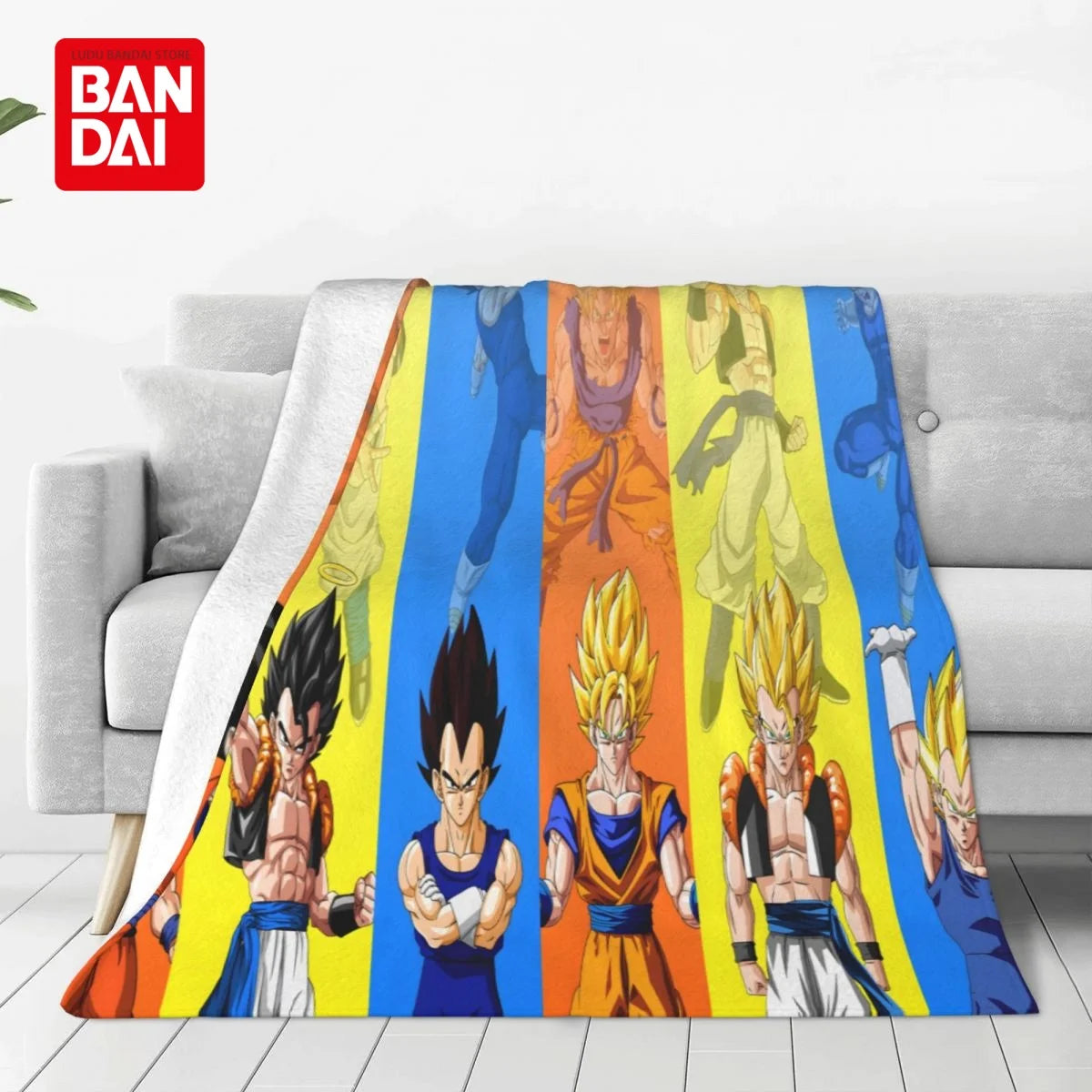 A colorful flannel throw blanket featuring various anime characters in vibrant colors