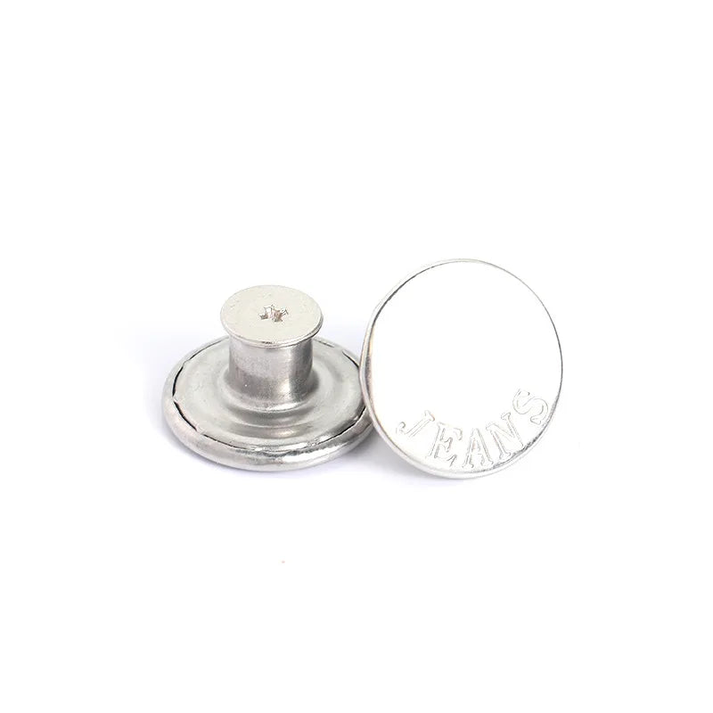 Silver replacement metal button with engraved jeans text