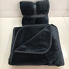A dark gray flannel blanket folded with a strap, suitable for couples or pets.