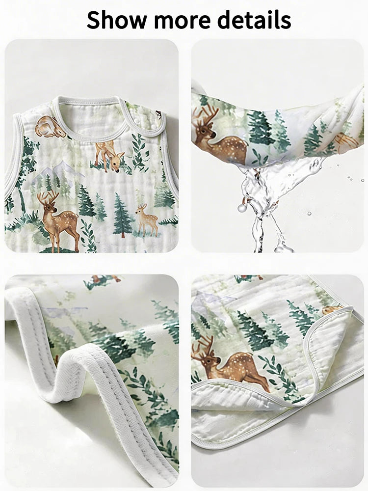 A set of ultra-soft baby sleeping bags featuring woodland animal patterns for infants.