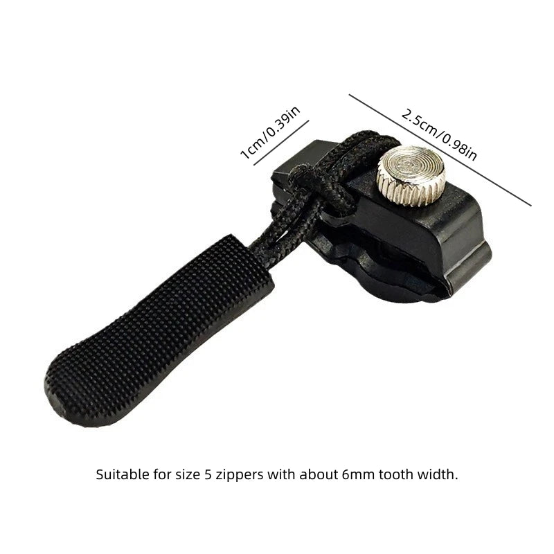 Black zipper repair kit with five detachable pulls and a metal slider for repairing zippers.