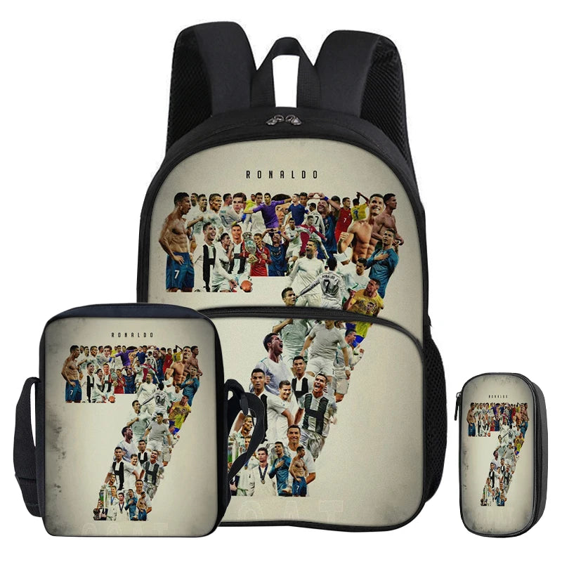 A black football sport backpack featuring a collage of football players on the front pocket.