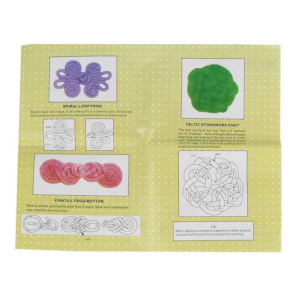 A sheet of green paper showing instructions for making a spiral loop frog and a Celtic stonework knot.