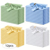 A set of 12 silky satin dinner napkins in light green, blue, and white colors stacked neatly.