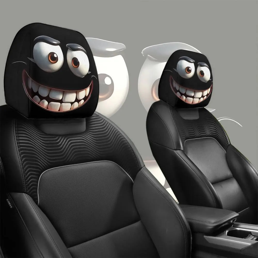 Two black decorative smiley face car pillow covers displayed on a black car seat.