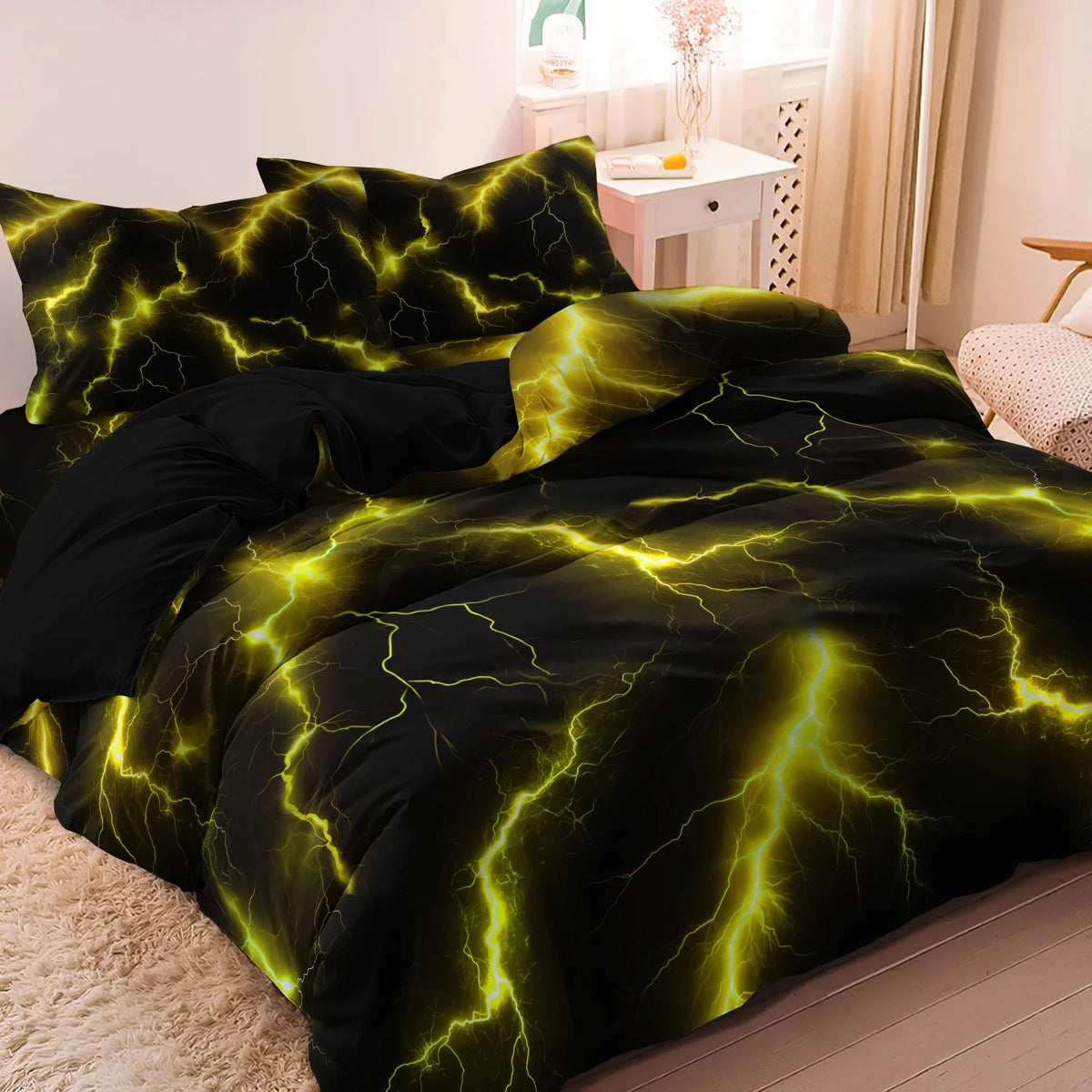 Black duvet cover set featuring a vibrant yellow lightning bolt print.