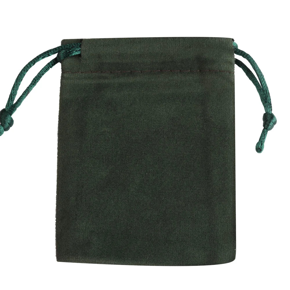 A dark green velvet drawstring jewelry gift bag with green cord ties.