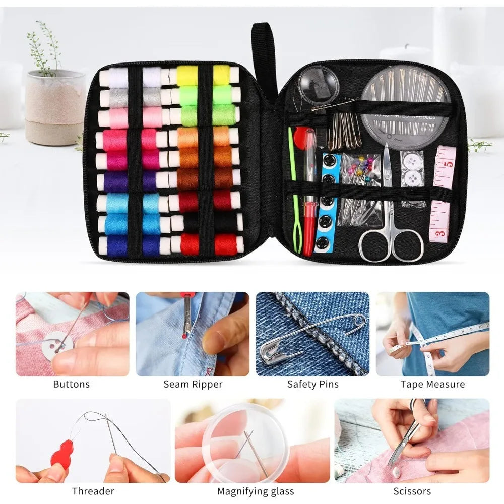 An open black sewing kit showing various tools including buttons, safety pins, threader, magnifying glass, and scissors.