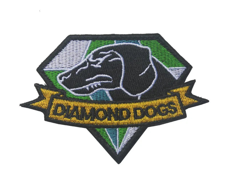 A hexagonal embroidered patch featuring a black dog silhouette on a green background with a yellow banner reading DIAMOND DOG