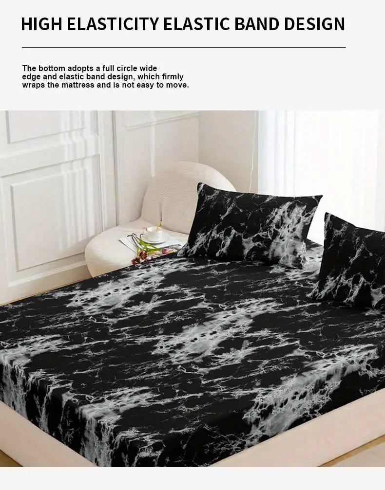 Black and white marble print elastic band design fitted sheet set with pillowcases