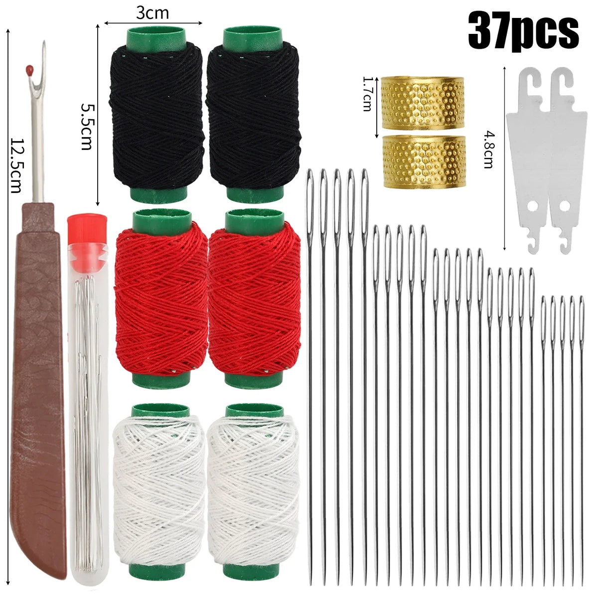 A set of 37 portable sewing needles and various colored embroidery threads with a sewing tool.
