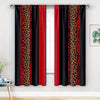 A set of two black curtains with vertical leopard print stripes in red and black fabric.