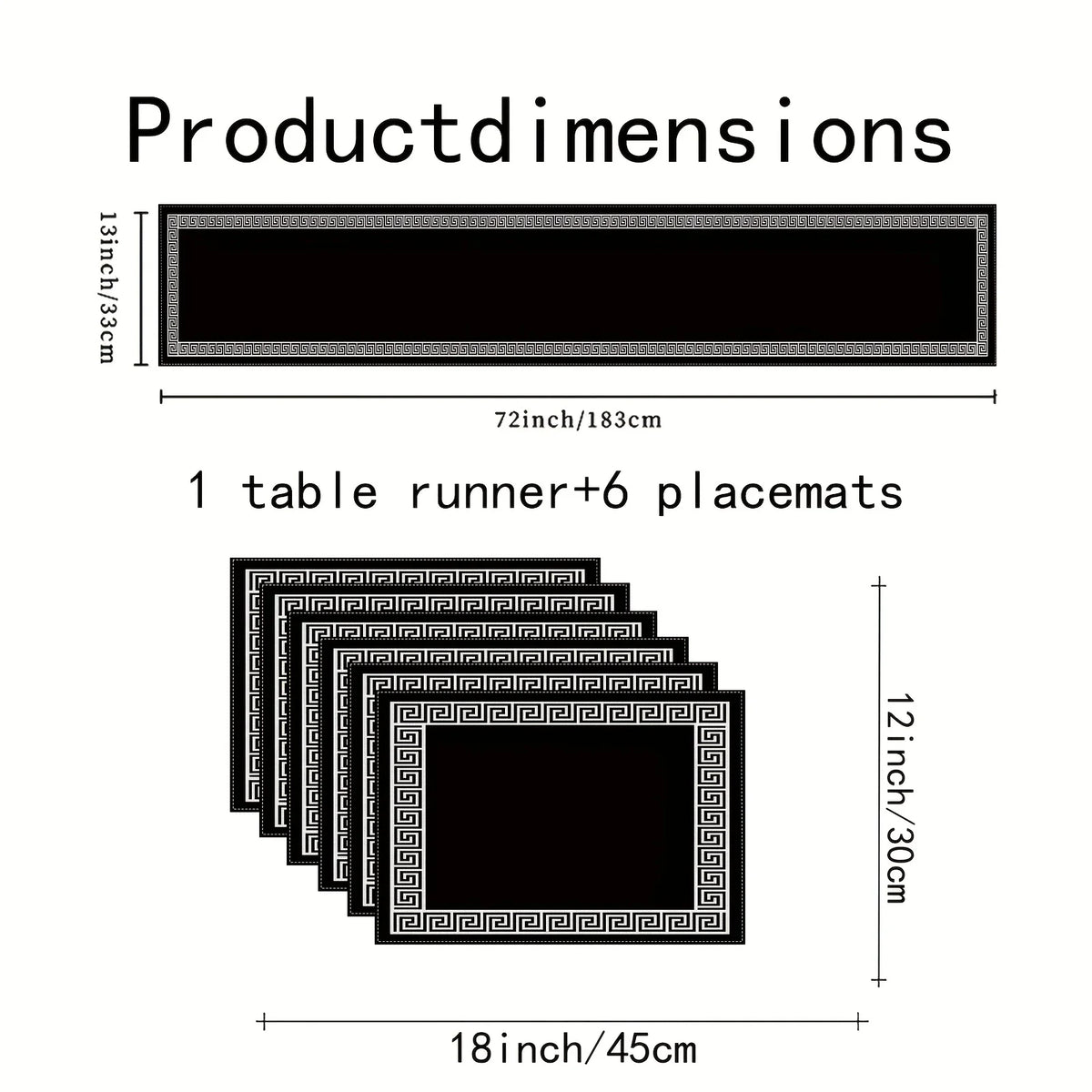 A set of one table runner and six placemats featuring a black geometric design.