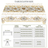 A display showing various sizes and shapes of vintage floral tablecloths including rectangle and round options