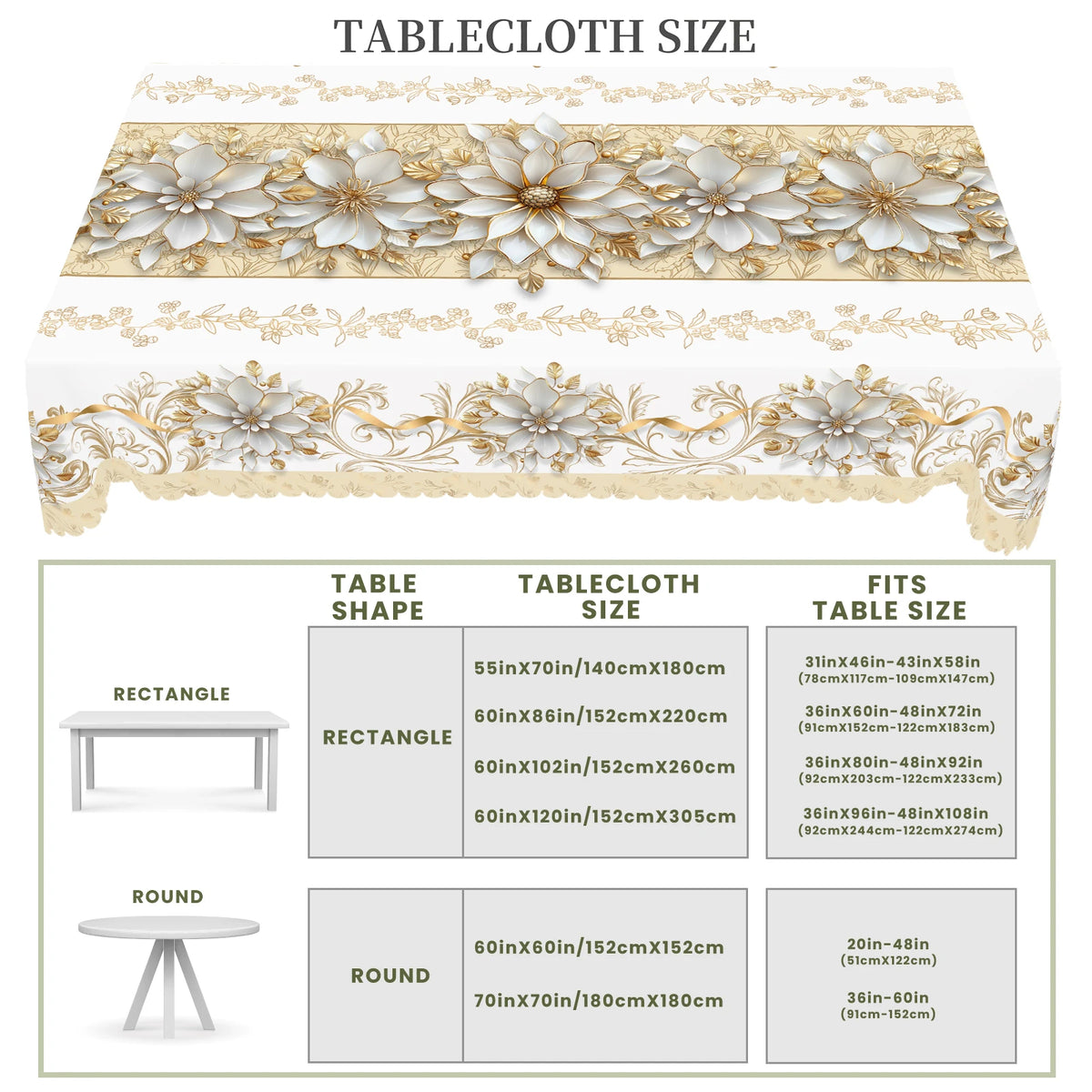 A display showing various sizes and shapes of vintage floral tablecloths including rectangle and round options