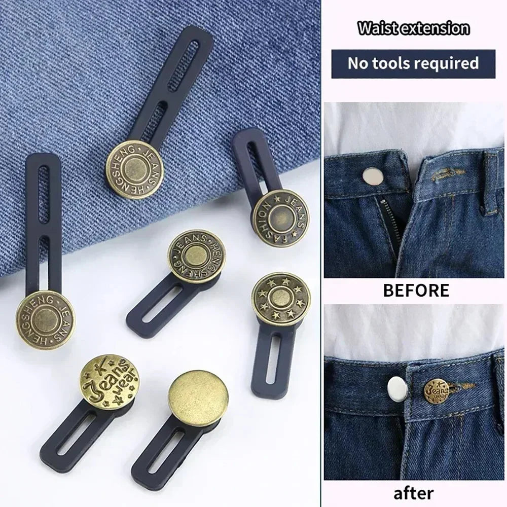 A set of universal waist extension buttons in gold and black for adjusting jeans and pants.