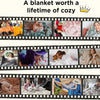 A collection of photos showing people enjoying an ultra-soft flannel throw blanket in various cozy settings.