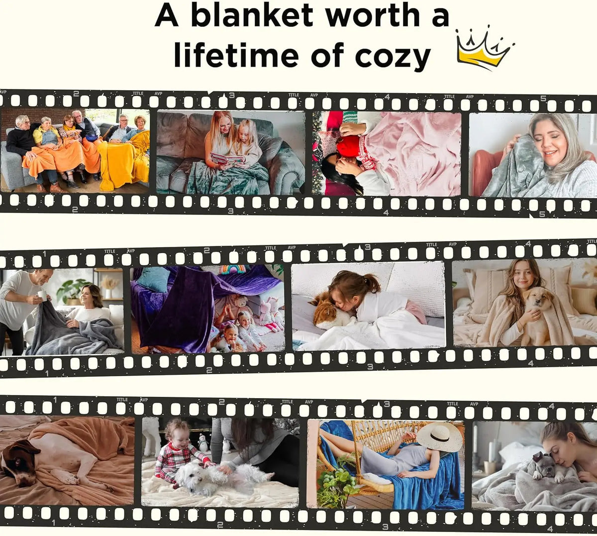 A collection of photos showing people enjoying an ultra-soft flannel throw blanket in various cozy settings.