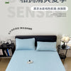 A light blue ice silk bed pad is displayed on a bed, emphasizing smooth cooling for summer comfort.