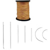 A spool of waxed leather thread and several metal sewing needles.