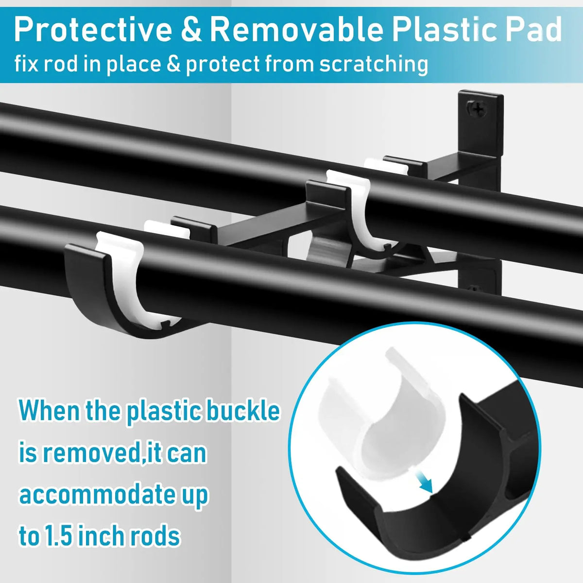 Protective and removable plastic pad for fixing a rod in place and protecting it from scratching