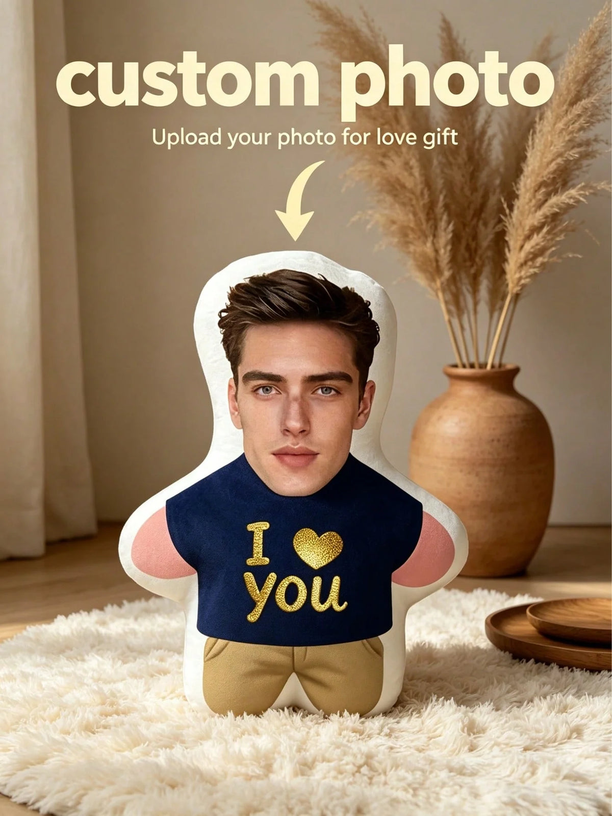 A custom photo face pillow with a male face printed on it, resting on a cream rug.