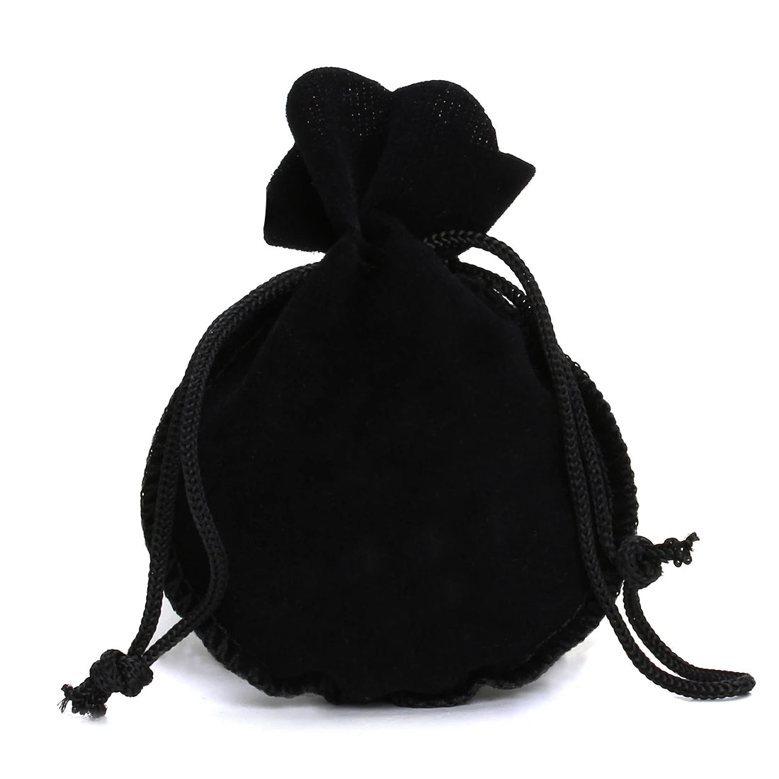 A black velvet drawstring gift bag shaped like a gourd, tied with black cord.
