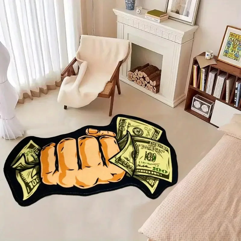 A black non-slip throw rug features a design of a golden hand making a fist with $100 bills.