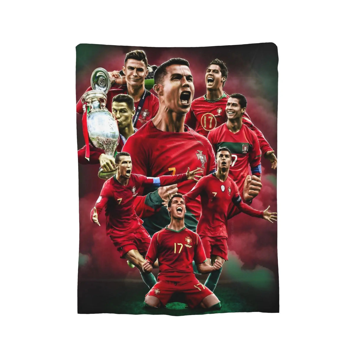 A photo of a group of soccer players celebrating with a trophy, wearing red jerseys against a dark background.