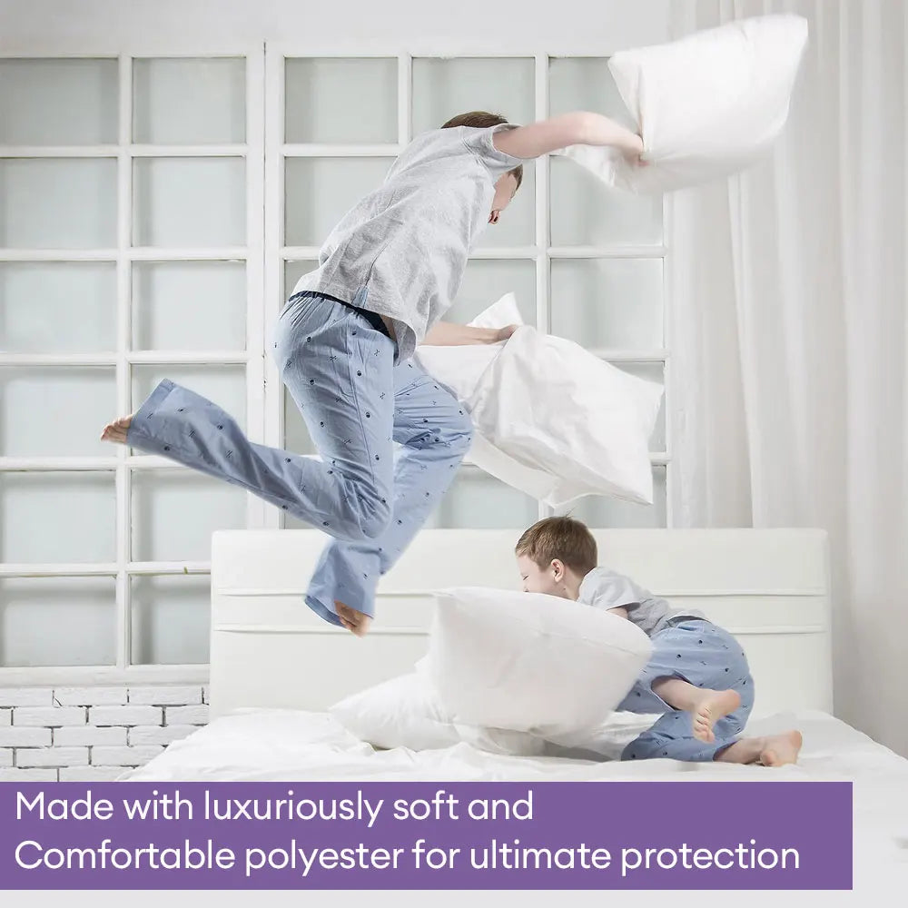 A child is shown using a white pillow protector cover on a pillow, emphasizing its soft and protective qualities.