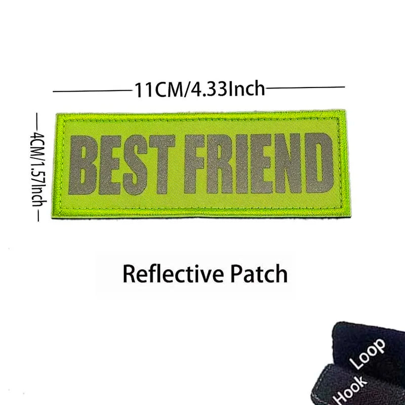 A bright lime green reflective patch embroidered with the text BEST FRIEND
