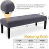 A measuring guide shows dimensions for a dining bench cover, including length, width, and height measurements in both imperia
