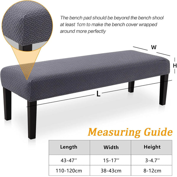 A measuring guide shows dimensions for a dining bench cover, including length, width, and height measurements in both imperia