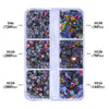 A clear plastic container holds various sizes of mixed colored glass rhinestones categorized by SS6, SS10, and SS20.