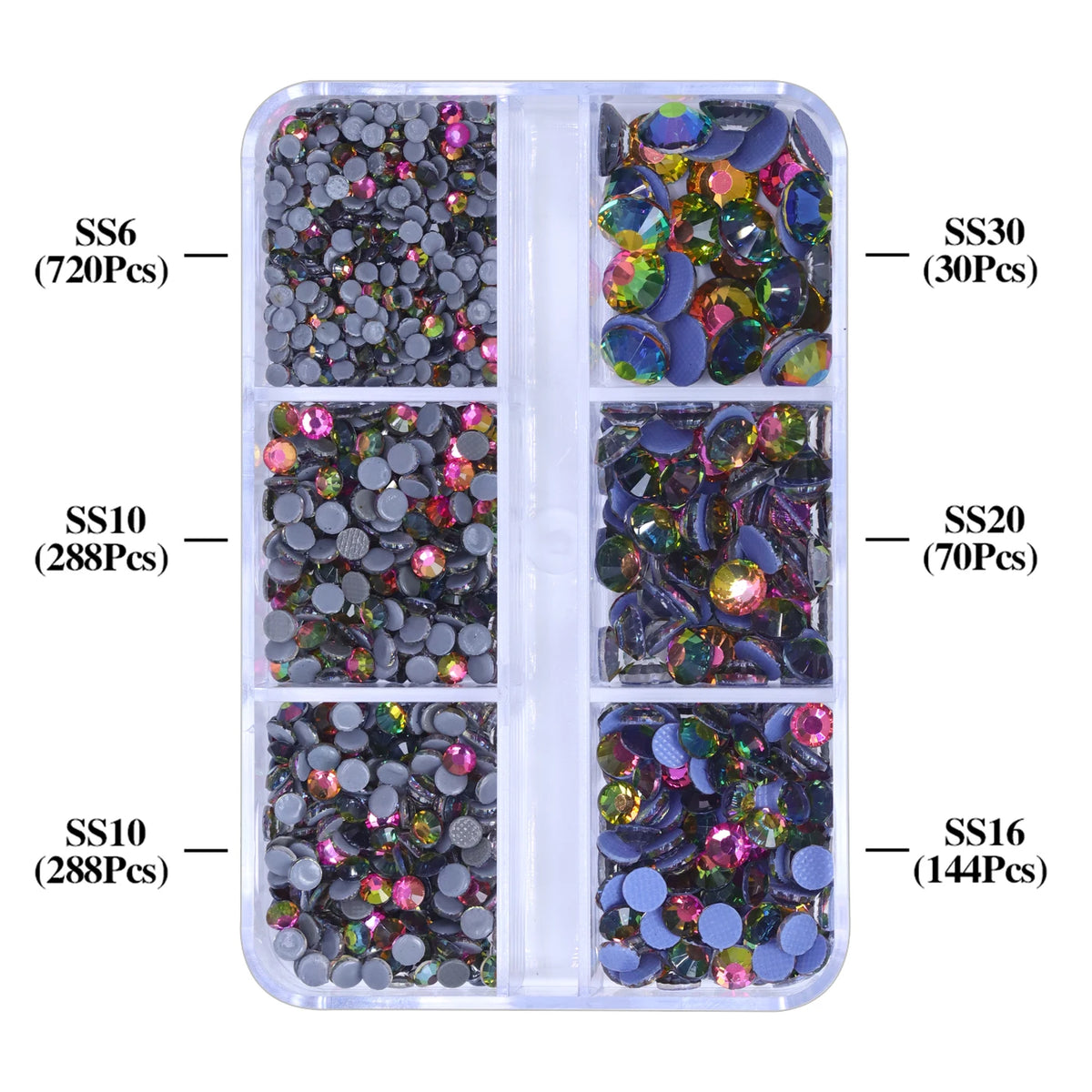 A clear plastic container holds various sizes of mixed colored glass rhinestones categorized by SS6, SS10, and SS20.
