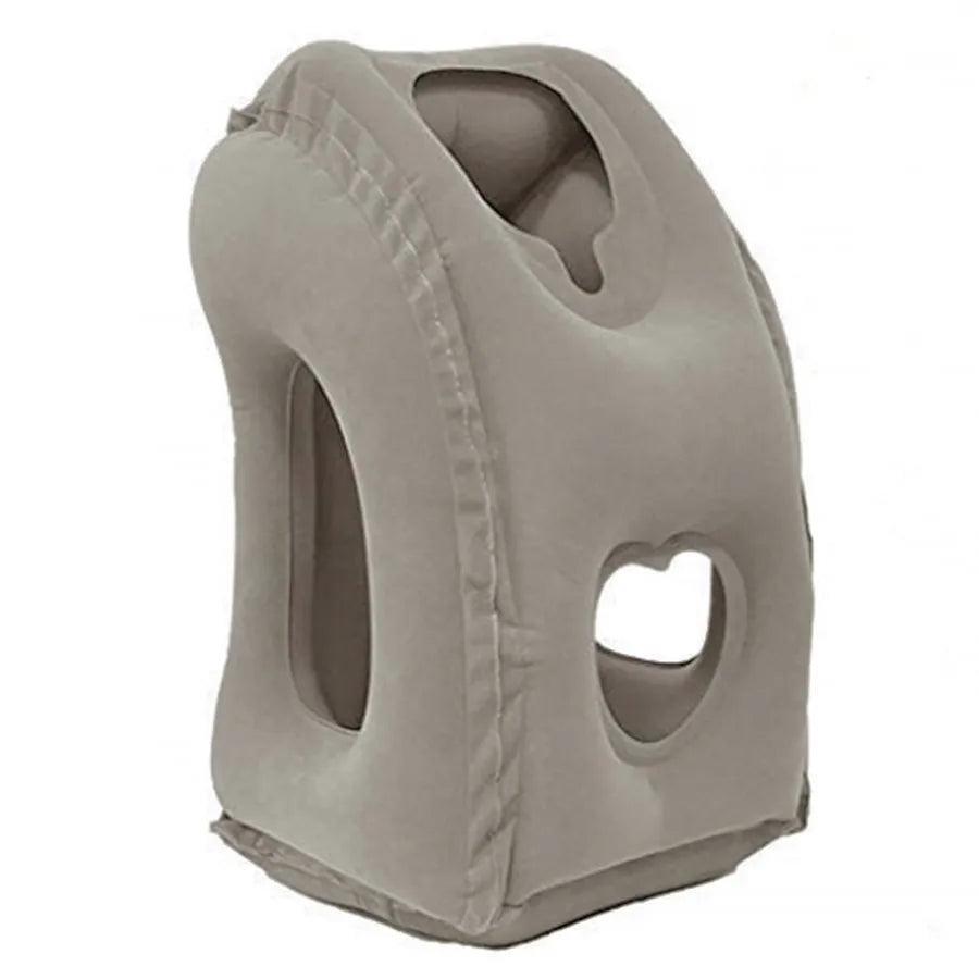 A gray inflatable travel neck pillow with chin support.