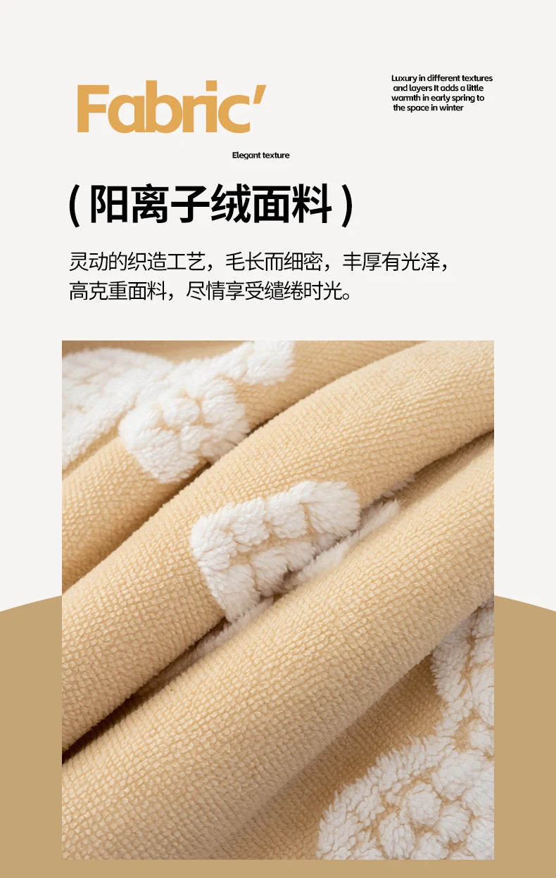 Close-up of a beige jacquard lambswool blanket showing textured weave and fluffy white accents.